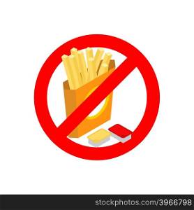 StopFrench fries. Ban fatty fast food. Sliced ??potatoes in paper box. Emblem against food. Red prohibition sign. Prohibited noxious meal&#xA;&#xA;