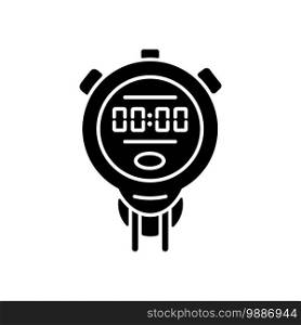 Stopwatch black glyph icon. Measuring elapsed time. Handheld timepiece. Sporting and athletic events. Stop clock function. Silhouette symbol on white space. Vector isolated illustration. Stopwatch black glyph icon