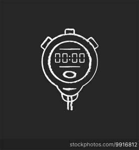 Stopwatch chalk white icon on black background. Measuring elapsed time. Handheld timepiece. Sporting and athletic events. Stop clock function. Isolated vector chalkboard illustration. Stopwatch chalk white icon on black background