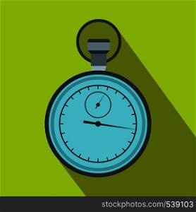 Stopwatch icon in flat style on a green background. Stopwatch icon in flat style