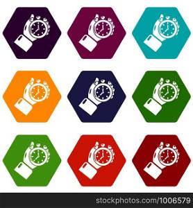 Stopwatch icons 9 set coloful isolated on white for web. Stopwatch icons set 9 vector