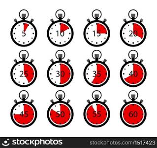 Stopwatch icons. Clock timer with stop. Set of chronometer. Countdown in sport. Symbol of start, end. Time in watch:5, 10,15,20,30,45,60 second. Competition in speed. Interval meter with arrow. Vector. Stopwatch icons. Clock timer with stop. Set of chronometer. Countdown in sport. Symbol of start, end. Time in: 5, 10,15,20,30,45,60 second. Competition in speed. Interval meter with arrow. Vector.