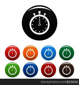 Stopwatch icons set 9 color vector isolated on white for any design. Stopwatch icons set color
