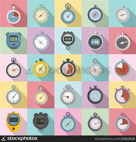 Stopwatch icons set flat vector. Minute timer. Time clock stopwatch. Stopwatch icons set flat vector. Minute timer