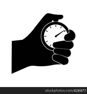 Stopwatch in hand black simple icon isolated on white background. Stopwatch in hand black simple icon