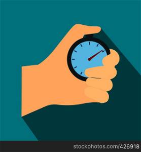 Stopwatch in hand flat icon. Car racing symbol on a blue background . Stopwatch in hand flat icon