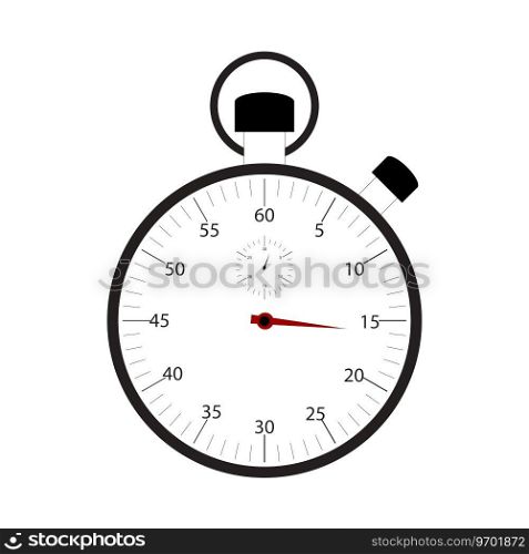 Stopwatch isolated on white background vector. Chronometer time, timer countdown, measurement time for sport result. Illustration flat timepiece with red arrow, precision counting. Stopwatch isolated on white background vector