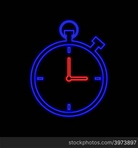 Stopwatch neon sign. Bright glowing symbol on a black background. Neon style icon.