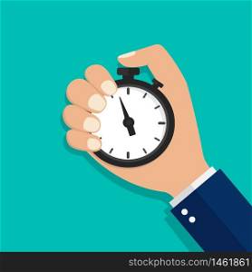 Stopwatch, watch or timer in hand. Stop time on competition. Businessman time control concept. Cartoon flat clock for start work, interval control, optimization measure. Countdown of stopwatch. vector. Stopwatch, watch or timer in hand. Stop time on competition. Businessman time control concept. Cartoon flat clock for start work, interval control, optimization measure. Countdown stopwatch. vector