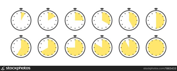 Stopwatches. Cooking time icons for food. Icons of Time in minutes. Vector illustration