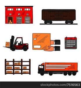 Storage and delivery service elements with freight wagon and delivery truck, warehouse building, forklift truck and rack with boxes, calendar and hands with box. Shipping, logistics and delivery theme. Storage and delivery service elements
