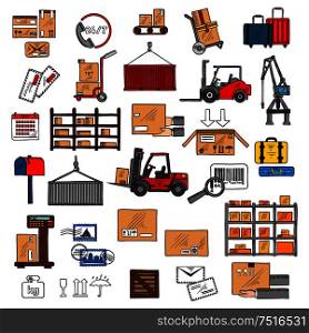 Storage and shipping icons with storage racks, forklift and hand trucks, crane and calendar, scales and conveyor with packages and letters, barcode and packaging signs, mailbox and hands with box. Delivery, storage and shipping service