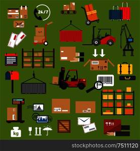 Storage, delivery and logistics icons with packages, containers, cargo crane, forklift and hand trucks with boxes and suitcases, warehouse shelf, scale, parcels, letters, postage and mail box. Storage, delivery and logistics flat icons
