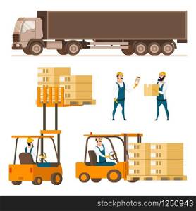 Storage Delivery Equipment Element Character Set. Compact Forklift Cars with Box in Various Combination, Shipping Truck, Warehouse Worker in Uniform. Flat Cartoon Vector Illustration. Storage Delivery Equipment Element Character Set
