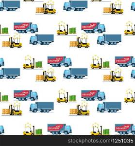 Storage Delivery Transport. Forklift Car Pattern. Warehouse Shipping Truck, Automatic Loader Carring Cardboard Box and Green Tank on Wooden Tray. Seamless Wallpaper. Flat Cartoon Vector Illustration. Storage Delivery Transport. Forklift Car Pattern