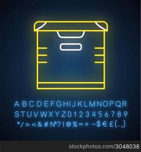 Storage neon light icon. Chest. Box for storing goods. Allocated space in warehouse for things. Apartment amenities. Glowing sign with alphabet, numbers and symbols. Vector isolated illustration