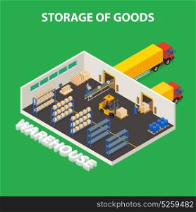 Storage Of Goods Design Concept . Storage of goods isometric design concept with workers unloading boxes from trucks using forklifts vector illustration