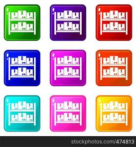 Storage of goods in warehouse icons of 9 color set isolated vector illustration. Storage of goods in warehouse icons 9 set