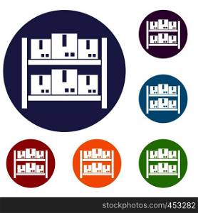 Storage of goods in warehouse icons set in flat circle reb, blue and green color for web. Storage of goods in warehouse icons set