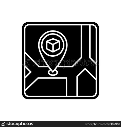 Storage place black glyph icon. Warehouse location, storehouse building address. Destination, navigation, stockroom on city map. Silhouette symbol on white space. Vector isolated illustration