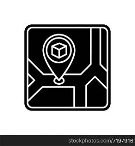 Storage place black glyph icon. Warehouse location, storehouse building address. Destination, navigation, stockroom on city map. Silhouette symbol on white space. Vector isolated illustration