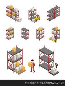 Storage Racks Set. Isometric set of storage racks equipment and worker carrying box isolated vector illustration
