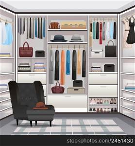 Storage room wardrobe cloakroom interior organization with adjustable shelving hanging rails shoe racks armchair realistic vector illustration . Wardrobe Cloakroom Interior Realistic