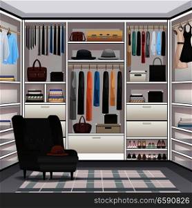 Storage room wardrobe cloakroom interior organization with adjustable shelving hanging rails shoe racks armchair realistic vector illustration . Wardrobe Cloakroom Interior Realistic