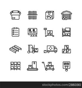 Storage service, warehouse, package delivery and equipment vector line icons. Freight and package, cargo container storage illustration. Storage service, warehouse, package delivery and equipment vector line icons