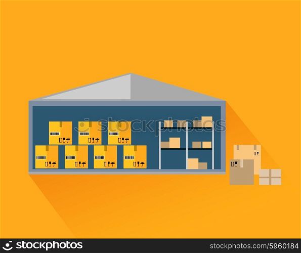 Storage warehouse with boxes in cut. Storage unit, warehouse interior, storage boxes, storage building, industrial storehouse, cargo and interior, distribution and shelf illustration