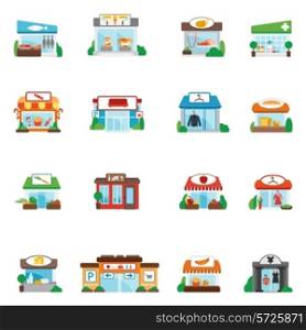 Store and shop buildings commercial restaurants flat icons set isolated vector illustration