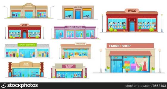 Store and shop buildings isolated vector icons. Cartoon shopping malls exterior front view with glass windows. Jewelry, wigs, sport clothing and fabric, shoes, uniform and hats retail shop buildings. Store and shop buildings isolated vector icons set