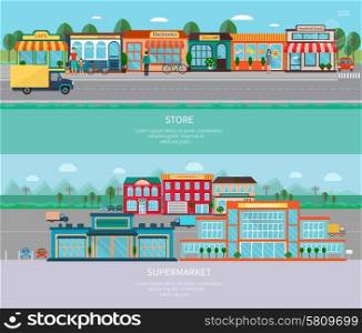 Store and supermarket banners set. Store and supermarket buildings with road and parking horizontal banners set flat isolated vector illustration
