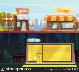 Store Buildings Banners Set . Store buildings horizontal banners set with car dealer symbols cartoon isolated vector illustration