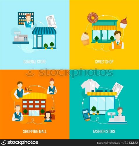 Store buildings flat icons set with sweet fashion general shop mall vector illustration