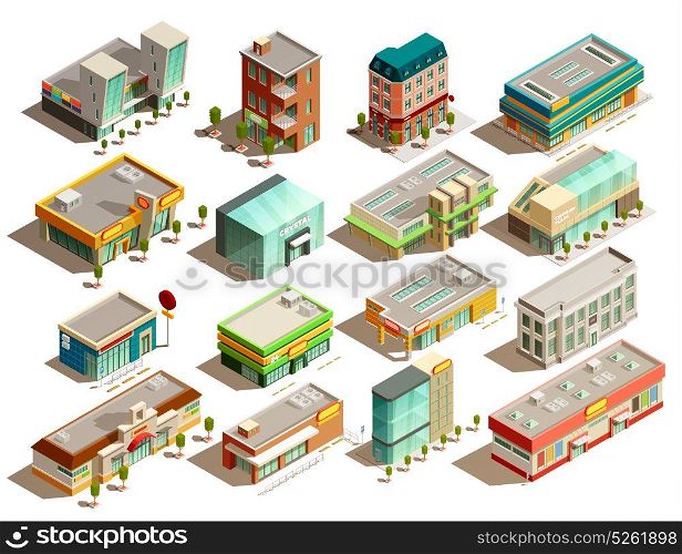Store Buildings Isometric Icons Set. Modern urban store buildings of different styles isometric icons set isolated on white background vector illustration