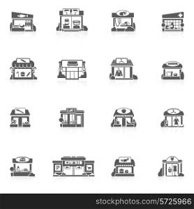 Store buildings market small restaurants black icons set isolated vector illustration