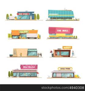 Store Buildings Set. Store buildings set with mall and local shop symbols cartoon isolated vector illustration