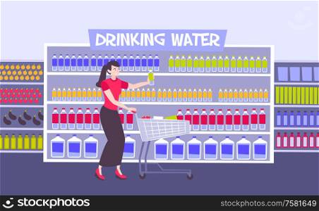 Store drinking water flat composition with indoor view of supermarket fridge cabinet with bottles of water vector illustration