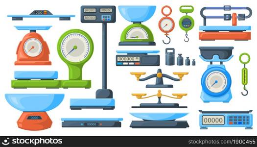 Store electronic and mechanical scales for weight measuring. Market or kitchen measuring instrument vector illustration set. Weigher scales. Collection of scale measurement, mechanical instrument. Store electronic and mechanical scales for weight measuring. Market or kitchen measuring libra instrument vector illustration set. Weigher scales symbols