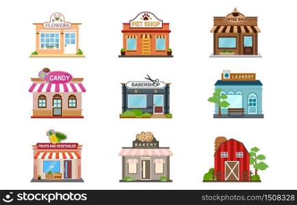 Store Facade Flower Pet Coffee Cafe Barbershop Candy Shop Front View Flat Icon