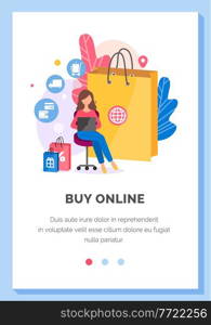 Store for online shopping layout. Girl with laptop orders clothes on the internet vector illustration. Paid program for choosing goods remotely. Application for making purchases via the Internet. Store for online shopping layout. Girl with laptop orders cloth on the internet vector illustration