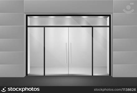 Store front. View from outside to empty shop boutique interior with glass door and big windows. Supermarket business wall entrance vector mockup. Store front. View from outside to empty shop boutique interior with glass door and big windows. Supermarket vector mockup