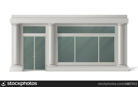 Store front with glass door, windows and white stone columns. Vector realistic mockup of building facade of vintage shop, boutique, market or restaurant with classic showcase. Store front, shop or boutique facade