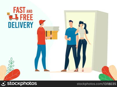 Store Goods, Fast Food Restaurant Orders Fast and Free Delivery Service Trendy Flat Vector Ad Banner, Promo Banner. Couple Calling to Order Pizza, Deliveryman Giving Boxes to Clients Illustration