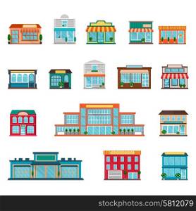 Store icons set. Stores and supermarkets big and small buildings icons set flat isolated vector illustration