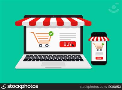 Store in laptop and mobile phone. Ecommerce in smartphone or computer. Online shop for sale and buy. Icon of web purchase with cart and cursor for retail product. Supermarket in screen. Vector.. Store in laptop and mobile phone. Ecommerce in smartphone or computer. Online shop for sale and buy. Icon of web purchase with cart and cursor for retail product. Supermarket in screen. Vector