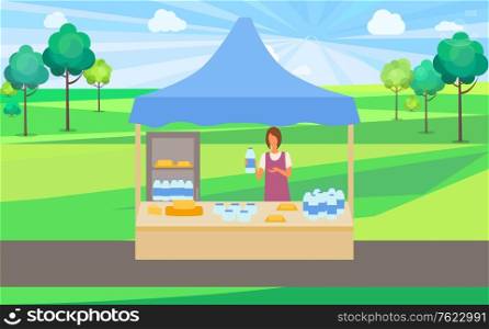 Store in park summer fair with organic production sale vector, salesperson selling milk and cheese. Fridge with dairy products, park with trees and lawn. Dairy Production in Market, Milk and Cheese Seller