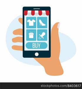 Store in smartphone. Hand with phone. Concept of online shopping. Marketplace. Internet shop