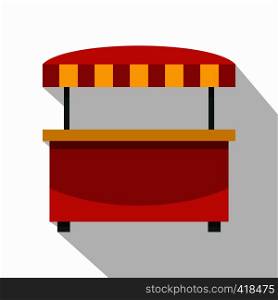Store kiosk with red and yellow striped awning icon. Flat illustration of store kiosk with red and yellow striped awning vector icon for web isolated on white background. Store kiosk with red and yellow awning icon
